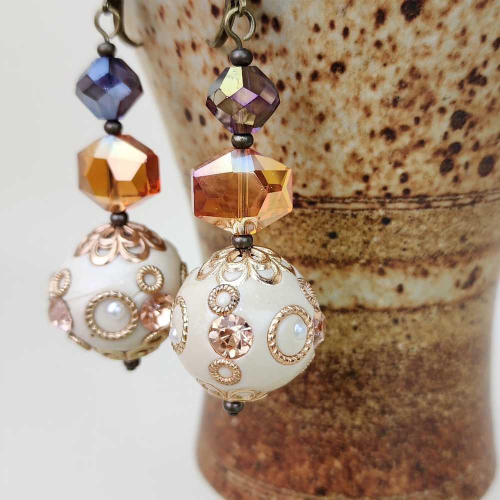 #57 Stunning Statement Earrings, in Tones of Cream, Orange & Purple, Handcrafted